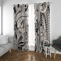 Two tribal curtain panels in black and light gray with floral and geometric line patterns
