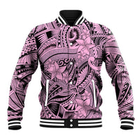 Pink baseball jacket with tribal geometric and floral print, snap button front, ribbed cuffs