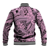 Pink baseball jacket back with tribal geometric and floral print, ribbed hem and striped collar
