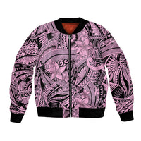 Pink bomber jacket with tribal floral print, front zip and ribbed black cuffs