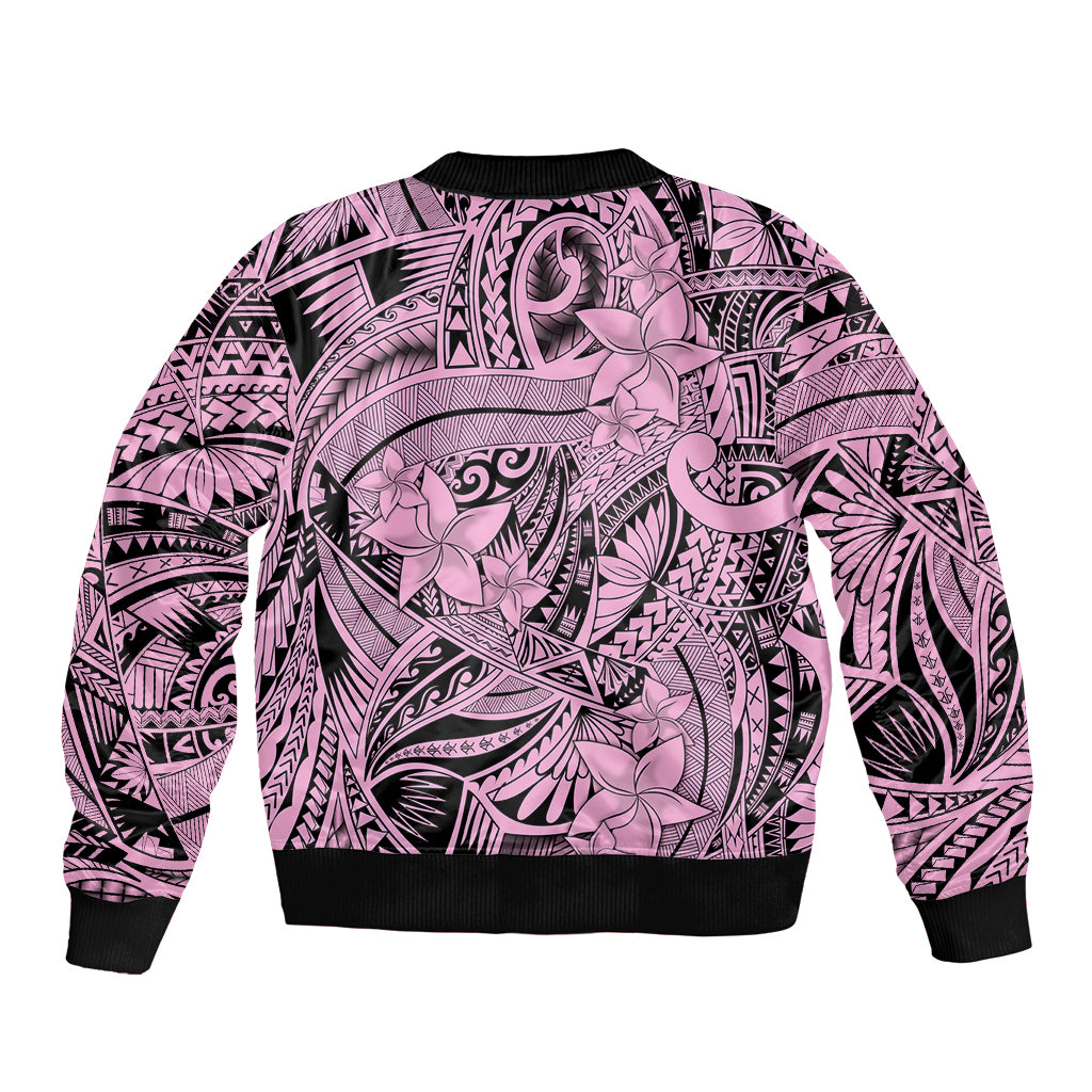 Pink bomber jacket with tribal floral print, ribbed black hem and sleeve cuffs