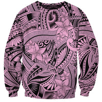 Unisex crewneck sweatshirt in pink with black tribal pattern and large Pacific flower print