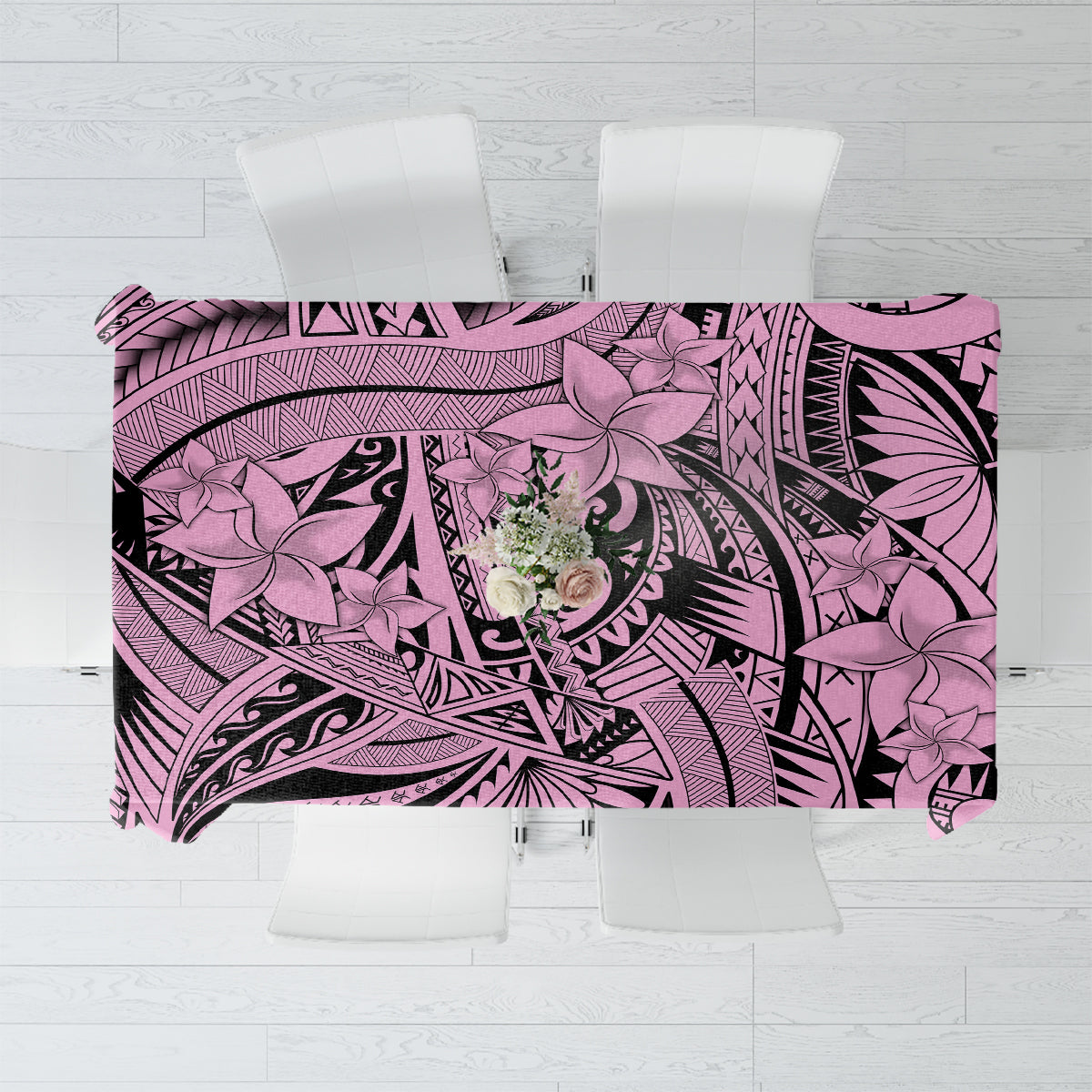 Pink and purple Polynesian tribal tablecloth with floral motifs and central medallion