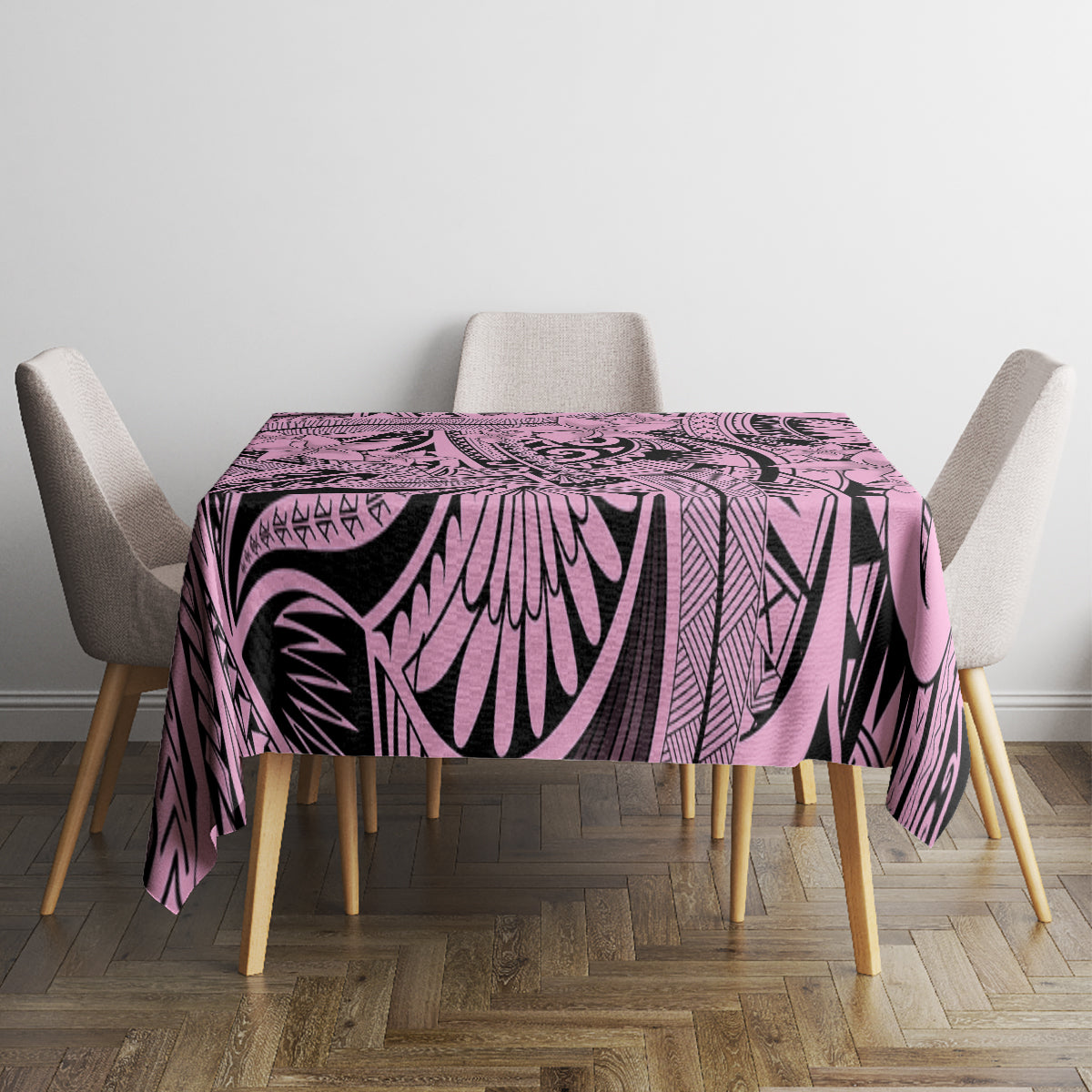 Pink and purple tribal tablecloth featuring ornate leaf, wave, and geometric designs