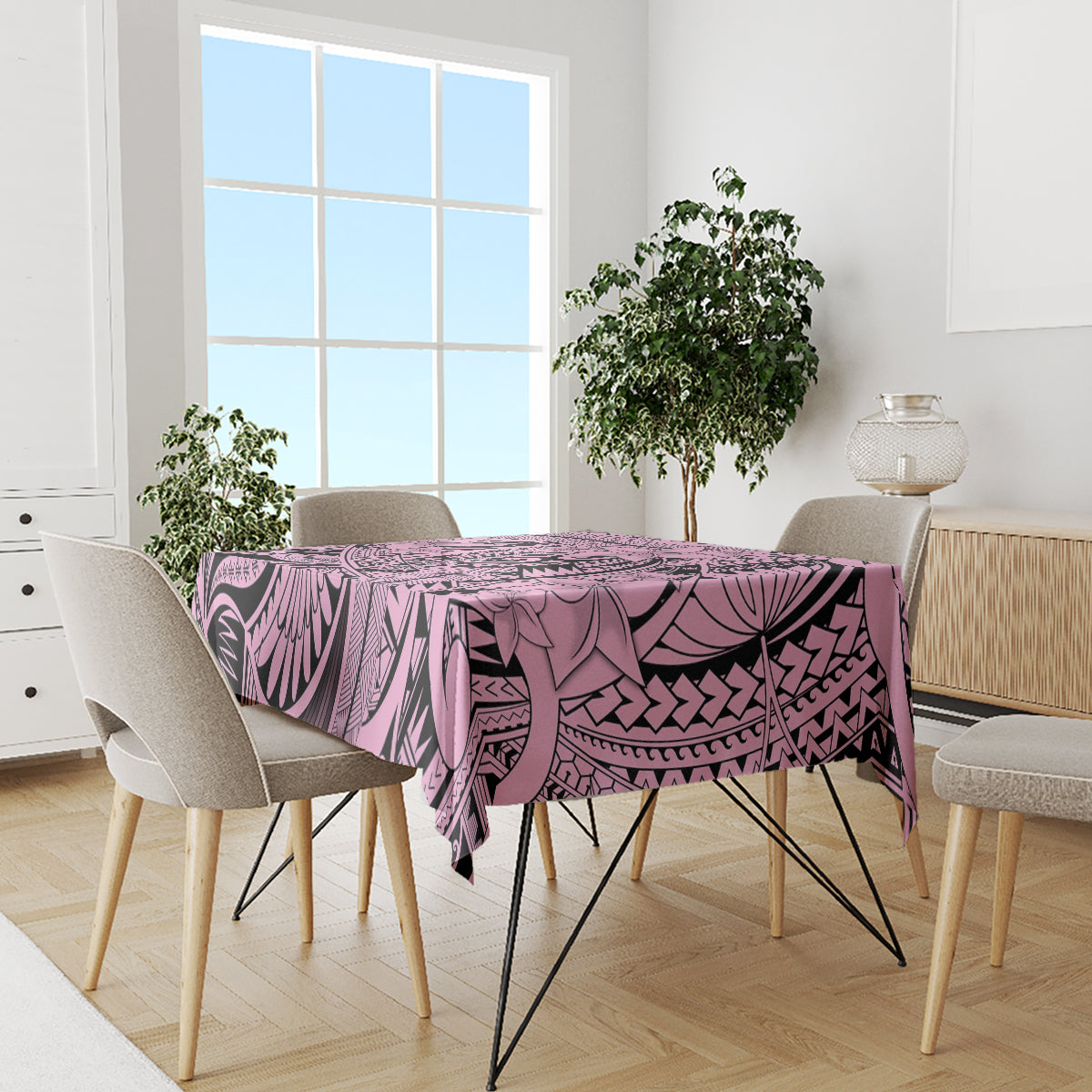 Pink and purple Polynesian tribal tablecloth with bold leaf and scroll patterns