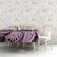 Pink and purple floral tribal tablecloth with repeating leaf and geometric motifs