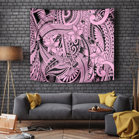 Pink tribal tapestry with floral and spirit pattern, rectangular wall hanging