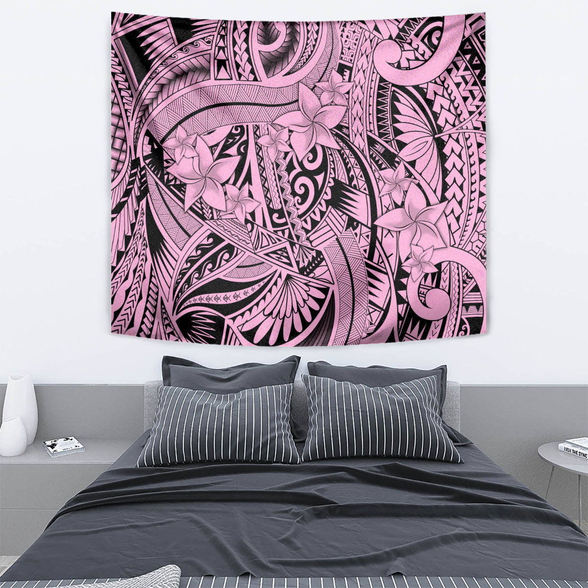 Pink tribal wall tapestry featuring floral spirit motif with ornate linework, rectangular