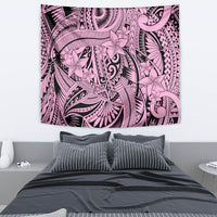 Pink tribal wall tapestry featuring floral spirit motif with ornate linework, rectangular