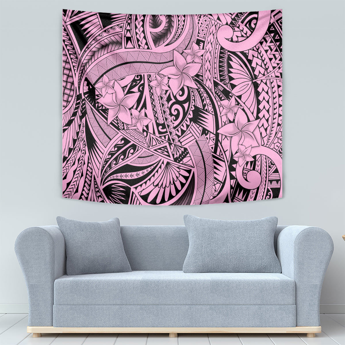 Pink tribal tapestry with floral spirit motif, decorative curves and geometric borders