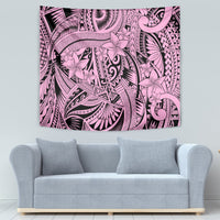 Pink tribal tapestry with floral spirit motif, decorative curves and geometric borders