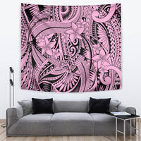 Pink and dark tribal tapestry with floral spirit pattern and intricate ornamental details