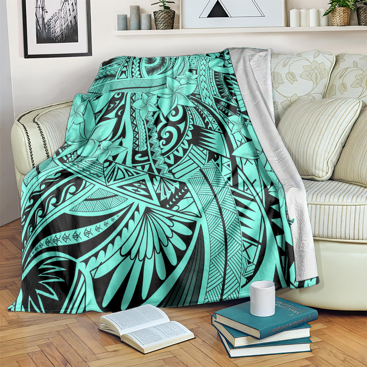 Polynesia Blanket Tribal Polynesian Spirit With Teal Pacific Flowers LT9