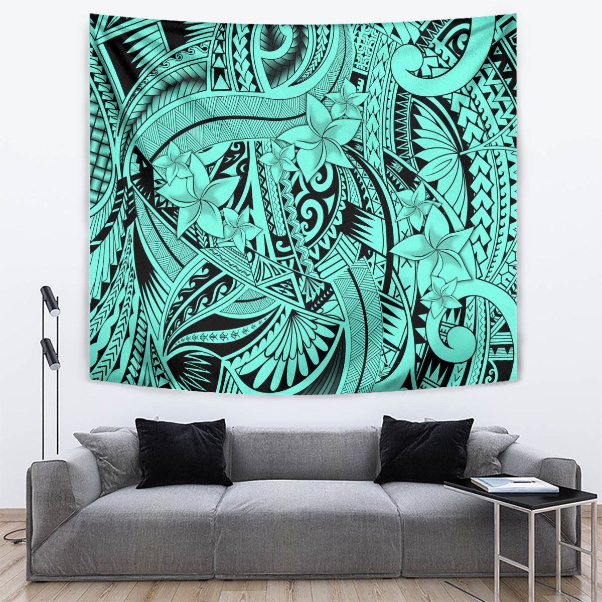 Polynesia Tapestry Tribal Polynesian Spirit With Teal Pacific Flowers LT9