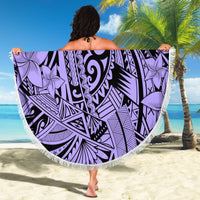 Round violet tribal beach blanket with floral motifs and long white fringe border.