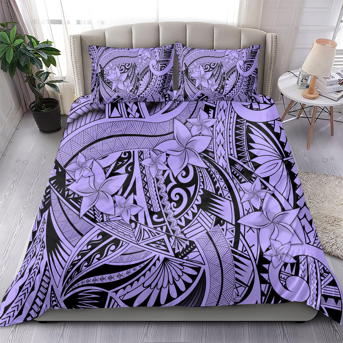 Violet duvet cover bedding set with tribal floral artwork and two matching pillowcases