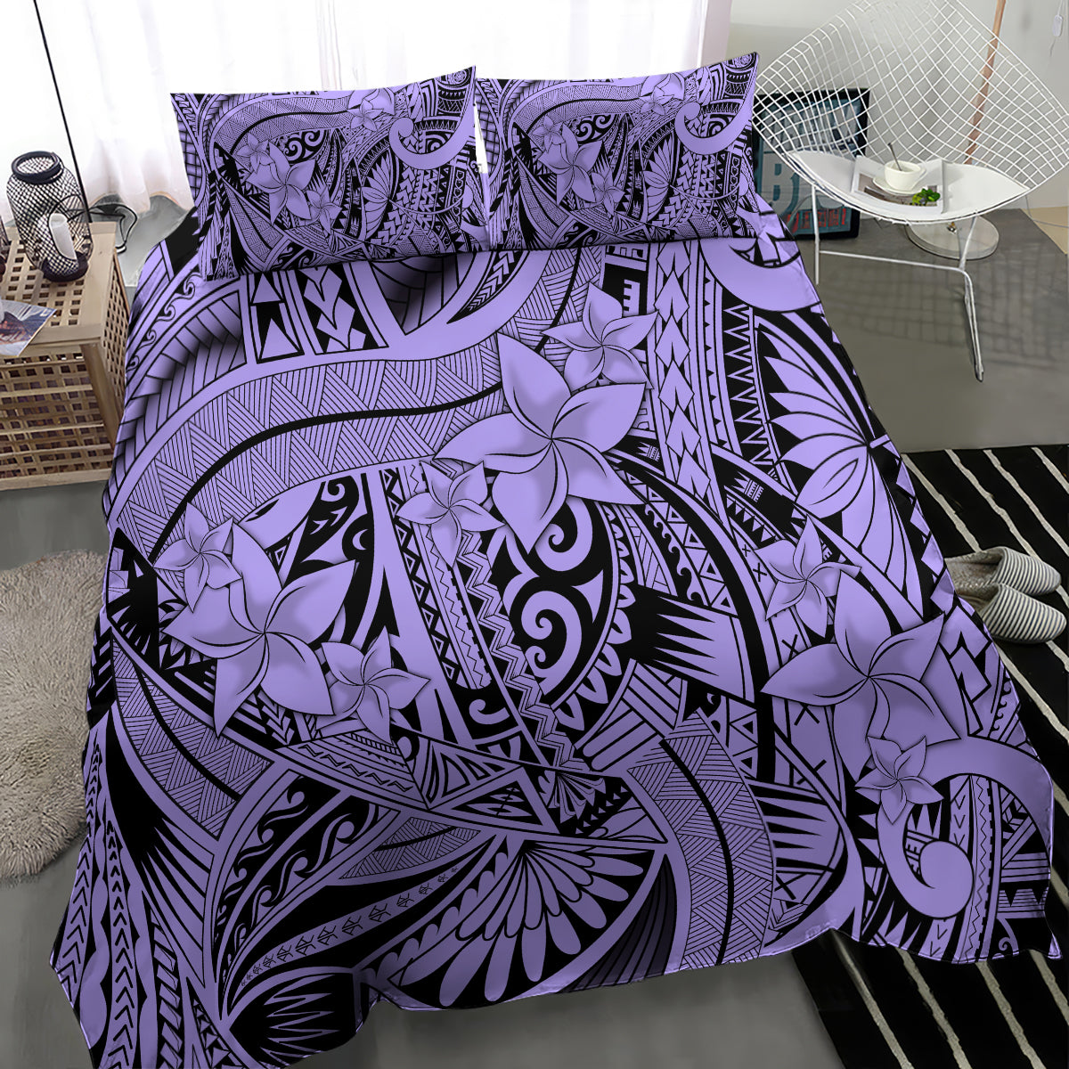 Violet tribal floral duvet cover with curved decorative motifs and two pillowcases