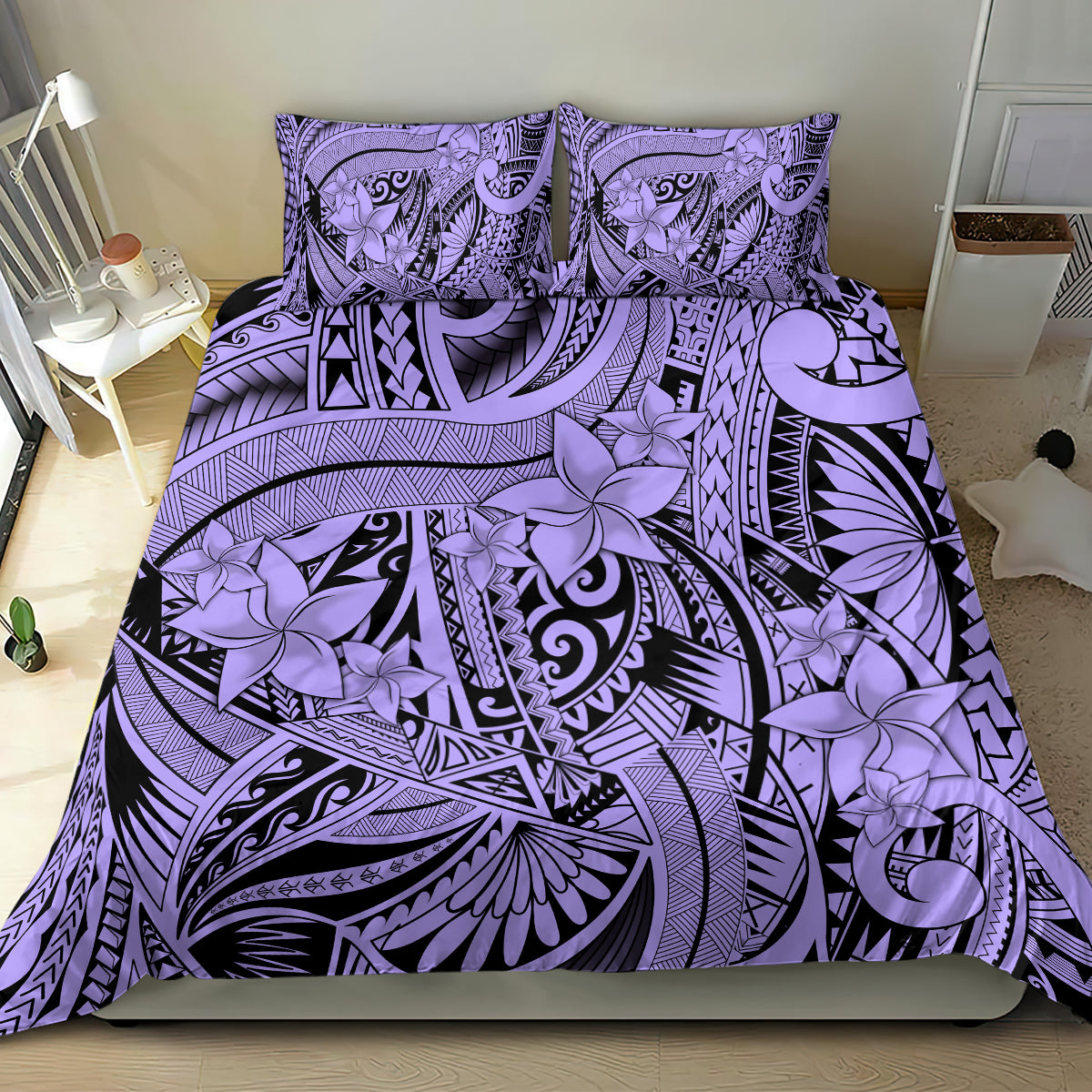 Violet tribal floral bedding set with bold circular medallion print and two pillowcases