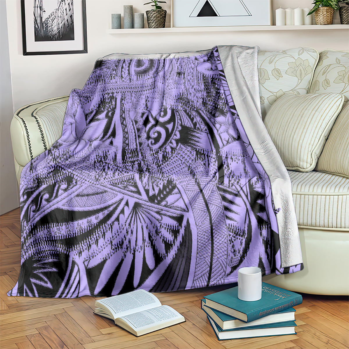 Violet tribal blanket with intricate flower and geometric designs, draped on couch