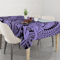 Violet patterned tablecloth with black tropical motifs and leaf outlines, corner drape