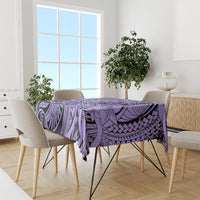 Violet tribal tablecloth with abstract floral and line patterns on dining set