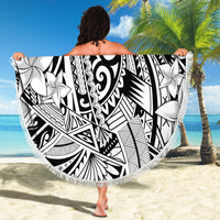 Round beach blanket wrap in white with black tribal design and fringed border, 150cm