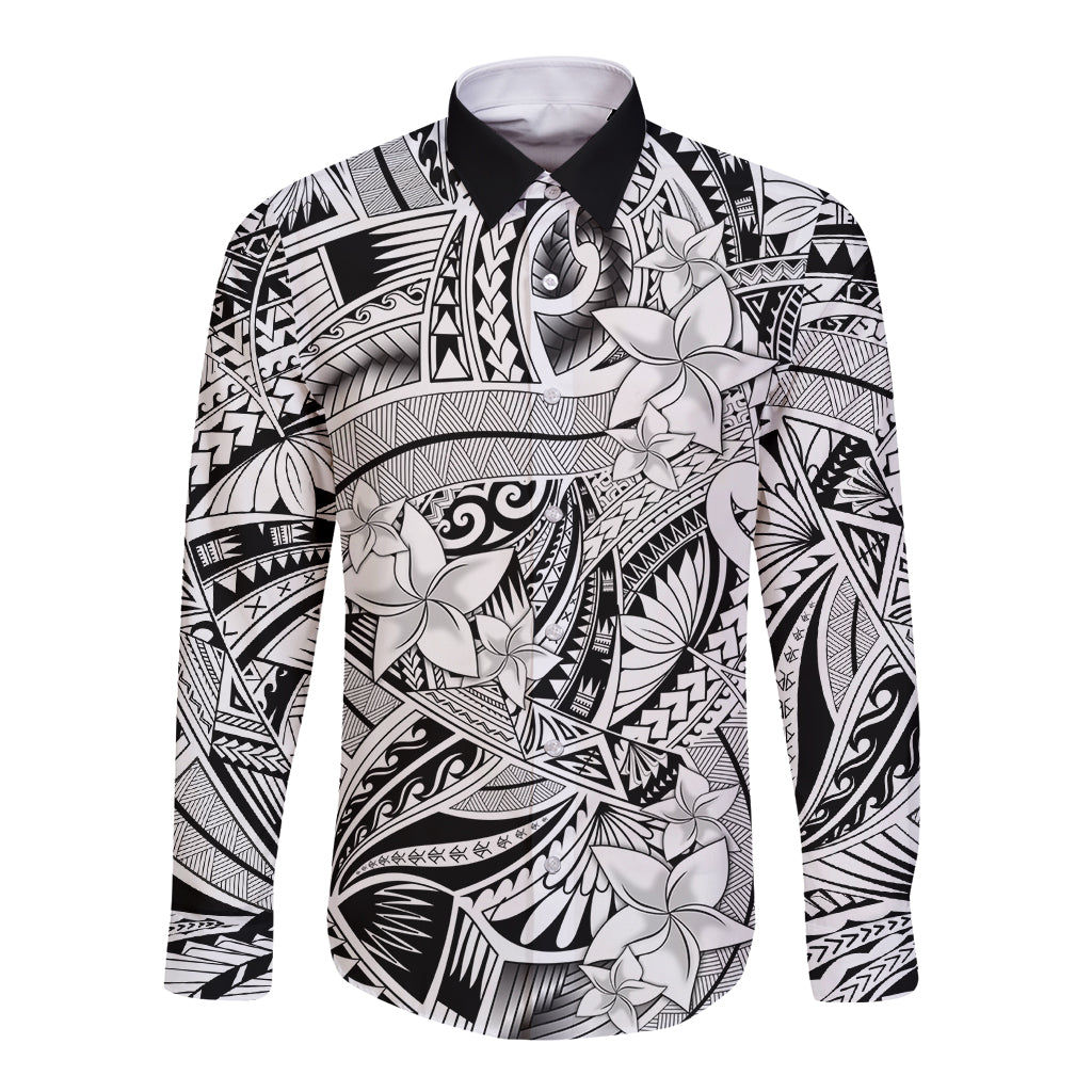 Polynesia Long Sleeve Button Shirt Tribal Polynesian Spirit With White Pacific Flowers - Wonder Print Shop