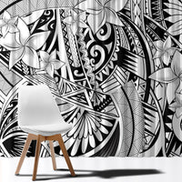 Black-and-white printed tribal floral curtain fabric panel, close-up full pattern