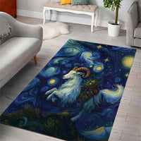 Rectangular area rug with blue galaxy artwork, gold stars, and a white goat
