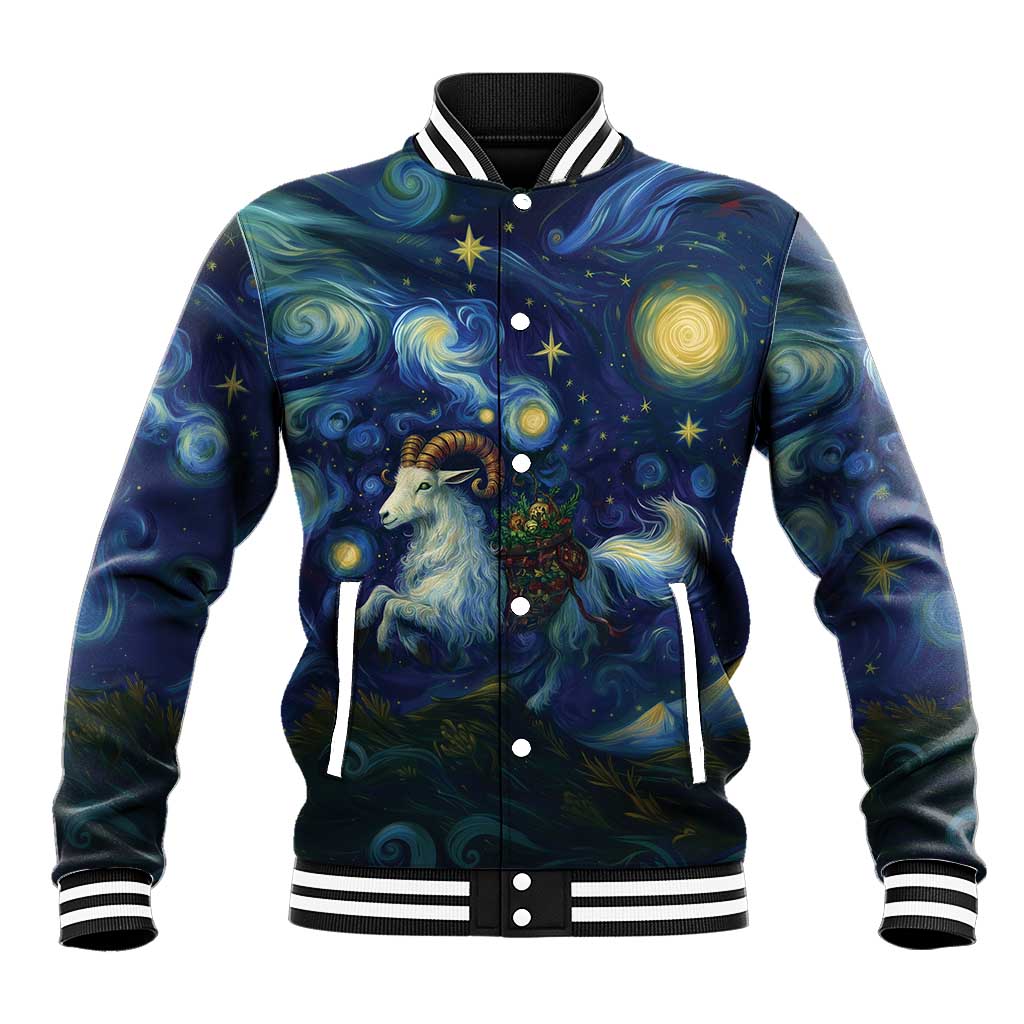 Unisex starry night baseball jacket with goat graphic, snap front, striped collar and cuffs.