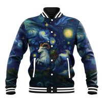 Unisex starry night baseball jacket with goat graphic, snap front, striped collar and cuffs.