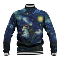 Unisex starry night baseball jacket back view, goat graphic, ribbed hem and striped cuffs.