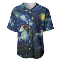 Goat and starry night graphic baseball jersey, blue-green and yellow accents, button front