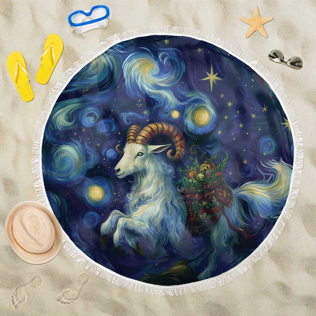 Black round beach blanket with fringed edge and blue starry goat scene