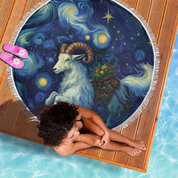 Black round beach blanket with fringed edge, goat portrait and starry swirl print