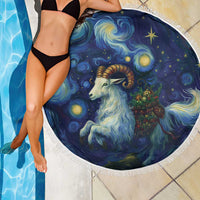 Black round beach blanket with fringed edge and close-up goat starry-night print