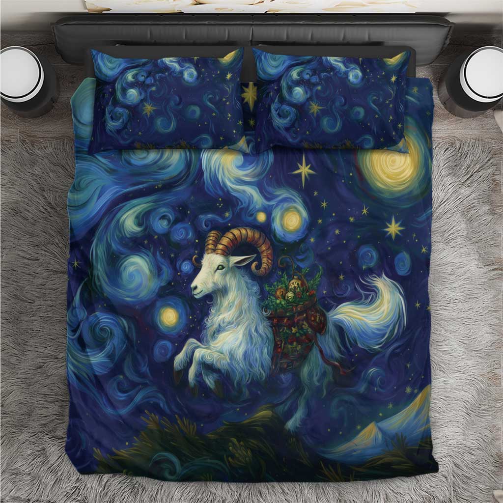 Blue goat and stars bedding set with matching pillow covers, swirling night art design.