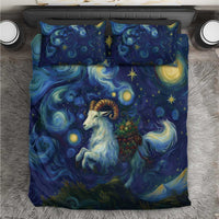 Blue goat and stars bedding set with matching pillow covers, swirling night art design.