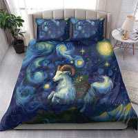 Blue night-themed bedding set featuring a goat figure, stars, and swirling clouds on duvet.