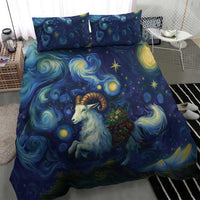 Blue duvet bedding set with goat portrait, stars, and swirling galaxy-style patterns and pillows.