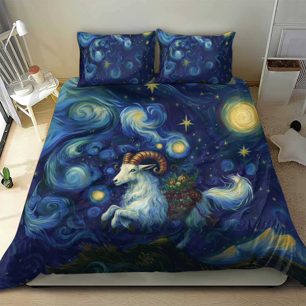 Blue bedding set with two pillowcases showing goat face, stars, and spiral night artwork.
