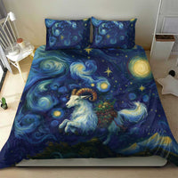 Blue bedding set with two pillowcases showing goat face, stars, and spiral night artwork.