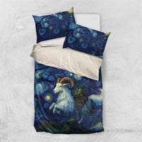 Blue bedding set with goat and stars motif; duvet and two matching pillowcases included.