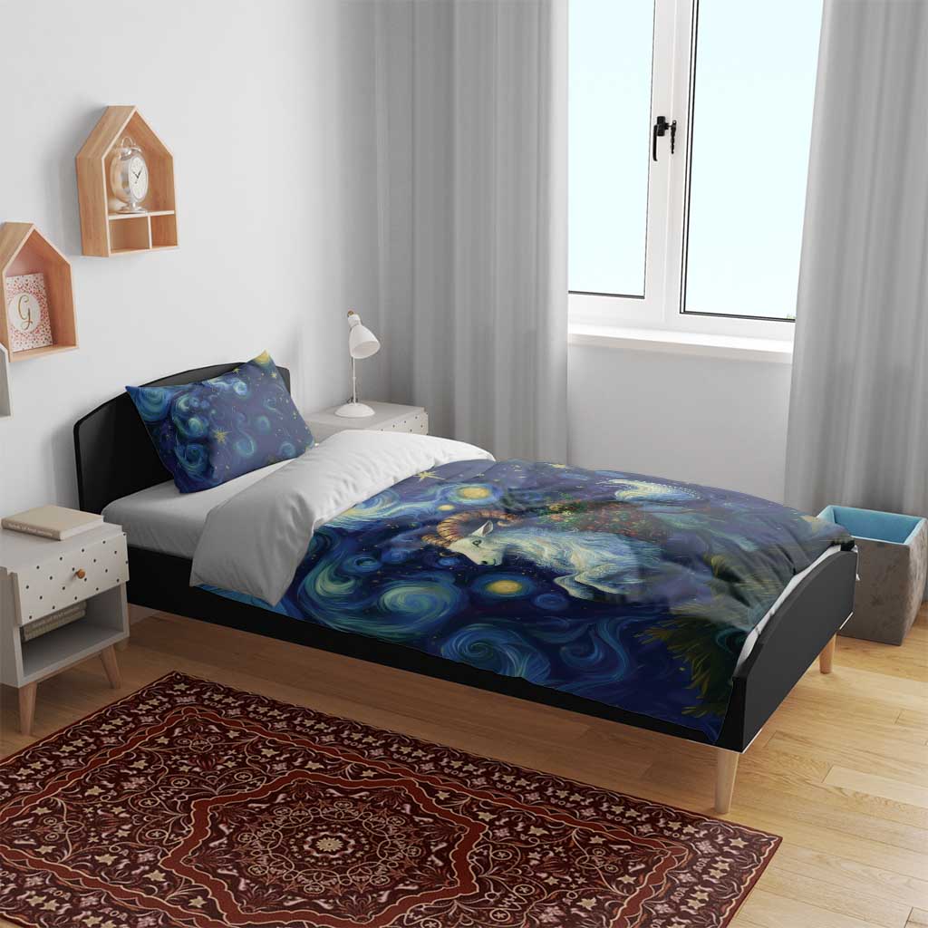 Blue duvet and pillow bedding set with goat portrait and starry swirling patterns in color.