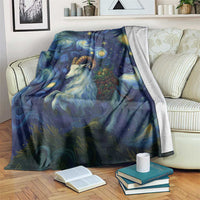 Goat starry night blanket with blue and yellow swirling sky and stars, draped on bed
