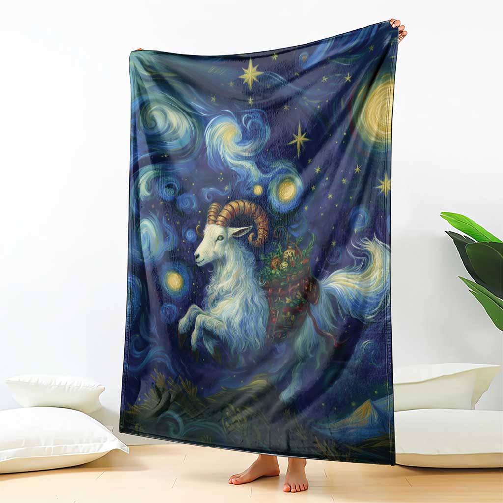 Goat starry night blanket panel with blue, gold swirls and star patterns, standing on floor
