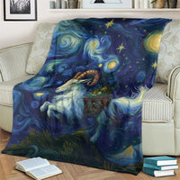 Goat starry night blanket with swirling, starry sky design and ram portrait, draped on sofa