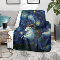 Goat starry night blanket with goat and stars, blue and gold swirl pattern, on living room floor