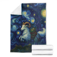 Goat starry night blanket folded set with starry blue swirls and goat portrait, with rolled towels