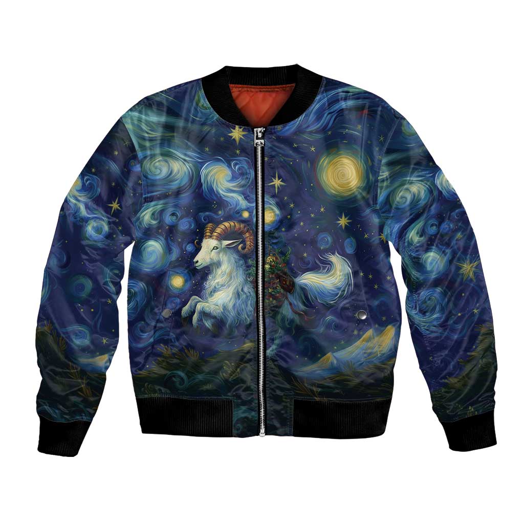 Unisex bomber jacket with full-zip front and starry night goat print, black ribbed trim